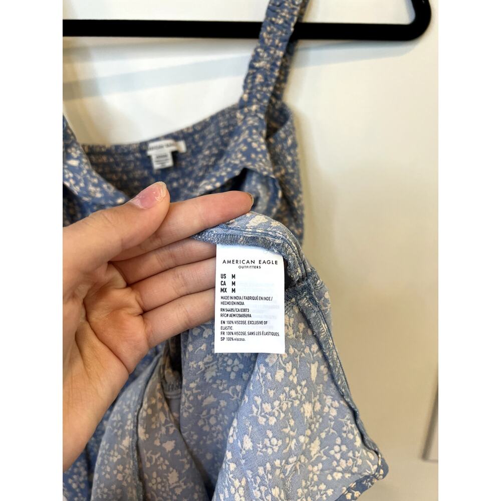 American Eagle Blue Floral Ruffle Hem Mini Dress Smocked Back Medium - Picture 4 of 4